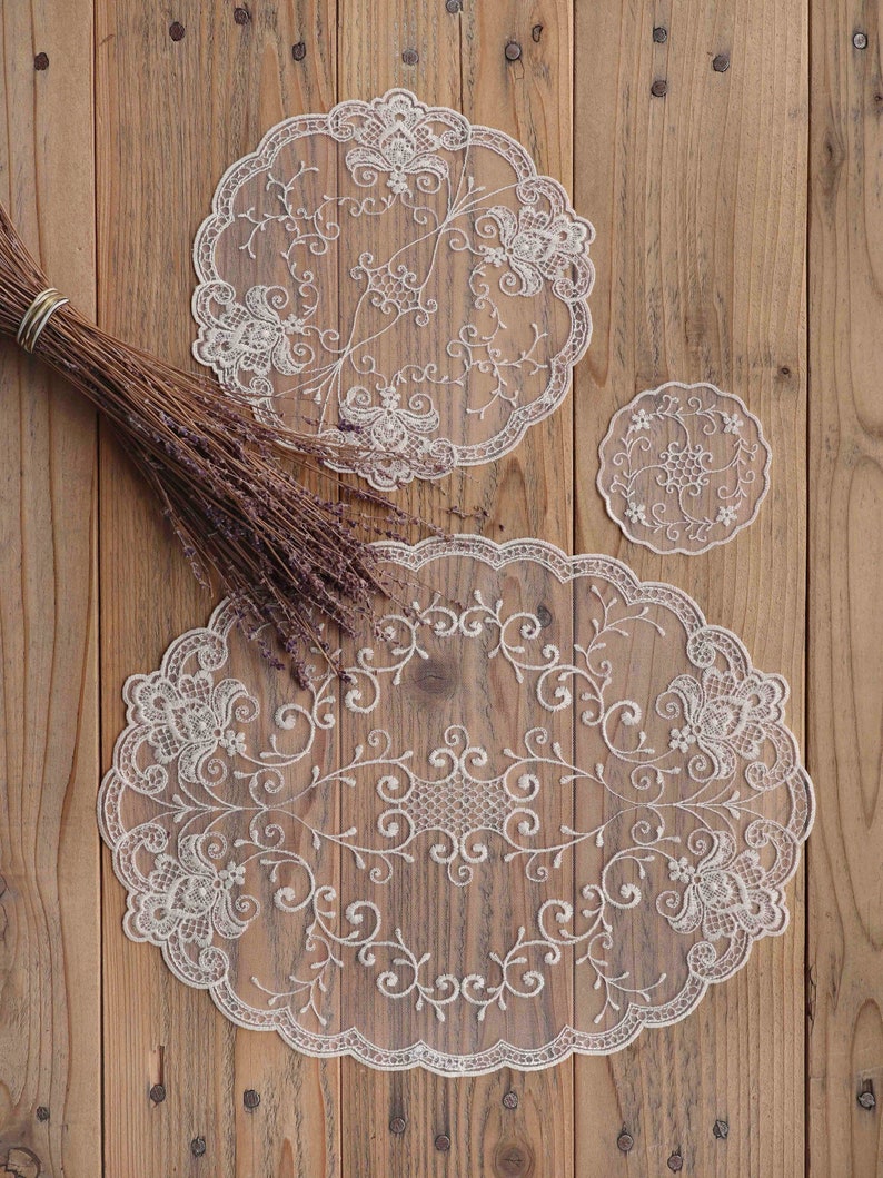 Beige Cotton Oval Lace Placemats Round Doilies Vintage Style Etsy