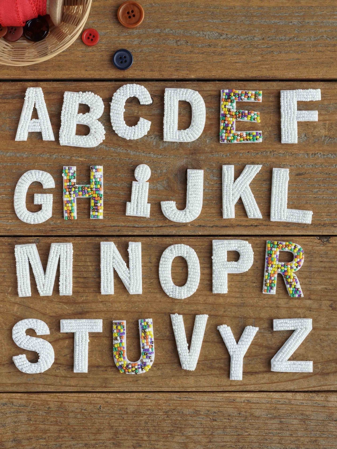 Beaded Felt Letter Patches, White and Colored Beads Alphabet Capital