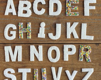 Beaded felt letter patches, white and colored beads alphabet capital letter A-Z, 1.69&quot; (4.3 cm) height sew on embroidered applique patch