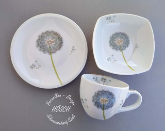 Wedding breakfast service set 3-piece XXL cup 0.4 l soup plate dinner plate porcelain personalized dandelion gift