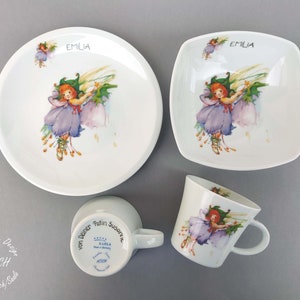 Children's tableware 3-piece porcelain elf purple breakfast service set cup cereal porridge bowl baby birth birthday desired name personalized