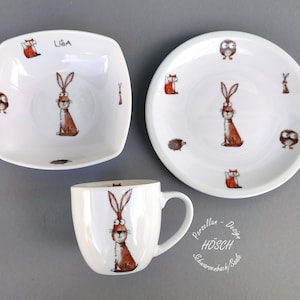 Children's tableware 3-piece porcelain rabbit owl hedgehog fox breakfast service set Easter gift baby birthday desired name personalized