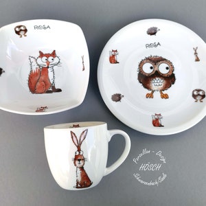 Children's tableware 3-piece porcelain mug 0.2 l or 0.3 l forest animals owl fox rabbit hedgehog breakfast service cereal baby birth personalized