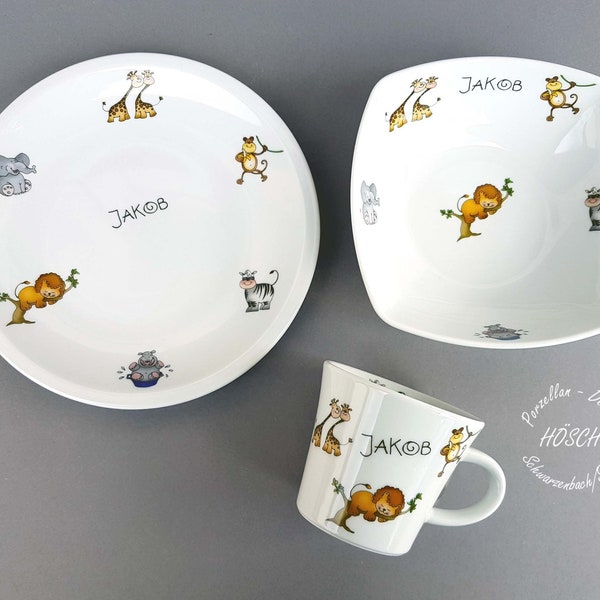 Baby Kindergeschirr 3-teilig Zoo Tiere Tasse 0,22 l oder 0,28 l mit Müslischale Frühstücksteller Set Becher Breischale Geschenk Wimmelbilder