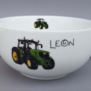 Cereal bowl tractor green desired name porcelain breakfast service baby birth birthday gift personalized