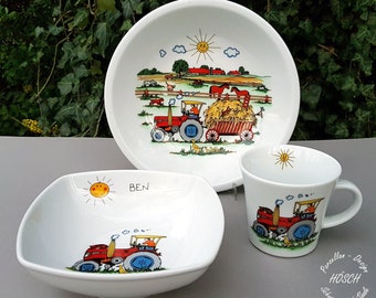 Vaisselle pour enfants bébé 3 pièces en porcelaine tracteur agricole nom souhaité service de petit-déjeuner set tasse céréales cadeau personnalisé