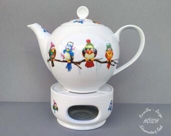 XXL Teapot 1,30 l Funny Birds Porcelain Breakfast Service Christmas Gift Gift Best Friend Wedding Birthday Mother Warmer