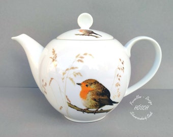 Tetera XXL de 1,30 l, juego de desayuno de porcelana Robin Grasses, regalo para el Día de la Madre, regalo para la mejor amiga, boda, cumpleaños, calentador