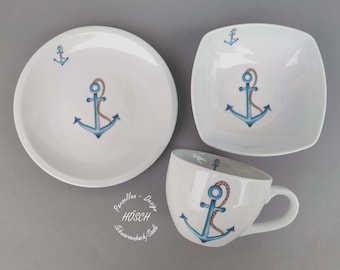 Frühstücksservice 3-teilig Anker Maritim Frühstücksservice Set Becher Müsli Geburtstag Dekoration Kindergeschirr personalisiertes Geschenk