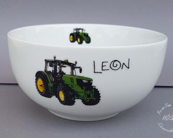 Müslischale Traktor grün Wunschname Porzellan  Frühstücksservice Baby Geburt Geburtstag Geschenk personalisiert