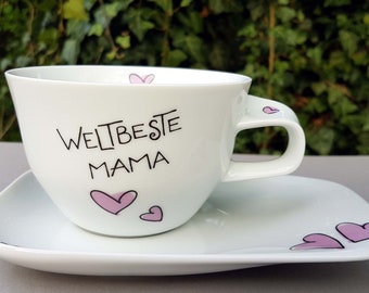 Beste Mama Muttertag Becher 2er Set 0,4 l 0,28 l mit Unterteller Herzen Weltbeste Mama Porzellan Herzen personalisiertes Geschenk