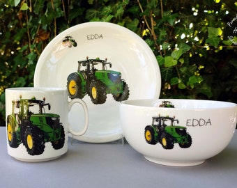 Easter nest children's tableware 3-piece porcelain tractor green breakfast service set cup cereal baby birth birthday desired name personalized