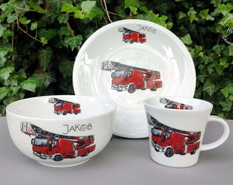 Kindergeschirr 3-teilig Porzellan Feuerwehrauto Frühstücksservice Set Becher Müsli Geschenk Feuerwehr Geburtstag Wunschname personalisiert