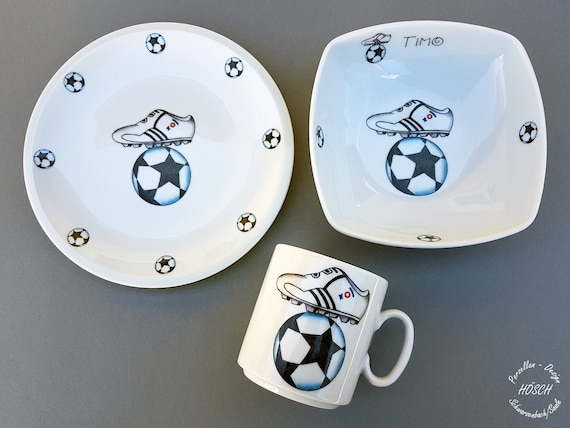 Frühstücksservice Kindergeschirr 3-teilig Porzellan Fußball Wunschname Frühstücksservice Set Becher Müsli Breischale Geschenk personalisiert
