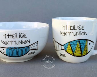 Tazón de cereales personalizado Primera Comunión 2026 para niños y niñas, diseño de peces, nombre personalizado, juego de desayuno de porcelana, taza de 0,3 l, plato, regalo de dinero
