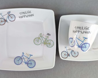 Kommunion 2024 3-teilig Porzellan Fahrrad Frühstücksservice Speiseservice Becher Teller Mädchen Junge Patentante personalisiertes Geschenk