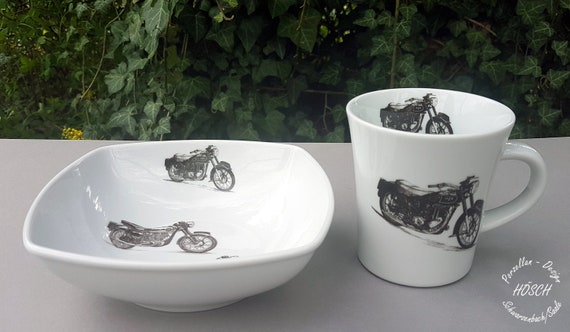 Frühstücksservice Set 2-teilig Porzellan Motorrad Becher Müsli Schale Bester Opa Vater Geschenk personalisiert