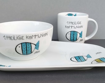 Kommunion 2026 2-teilig oder 3-tlg. Porzellan Fisch Becher 0,3l Schale Teller Mädchen Junge Patentante Andenken personalisiertes Geschenk