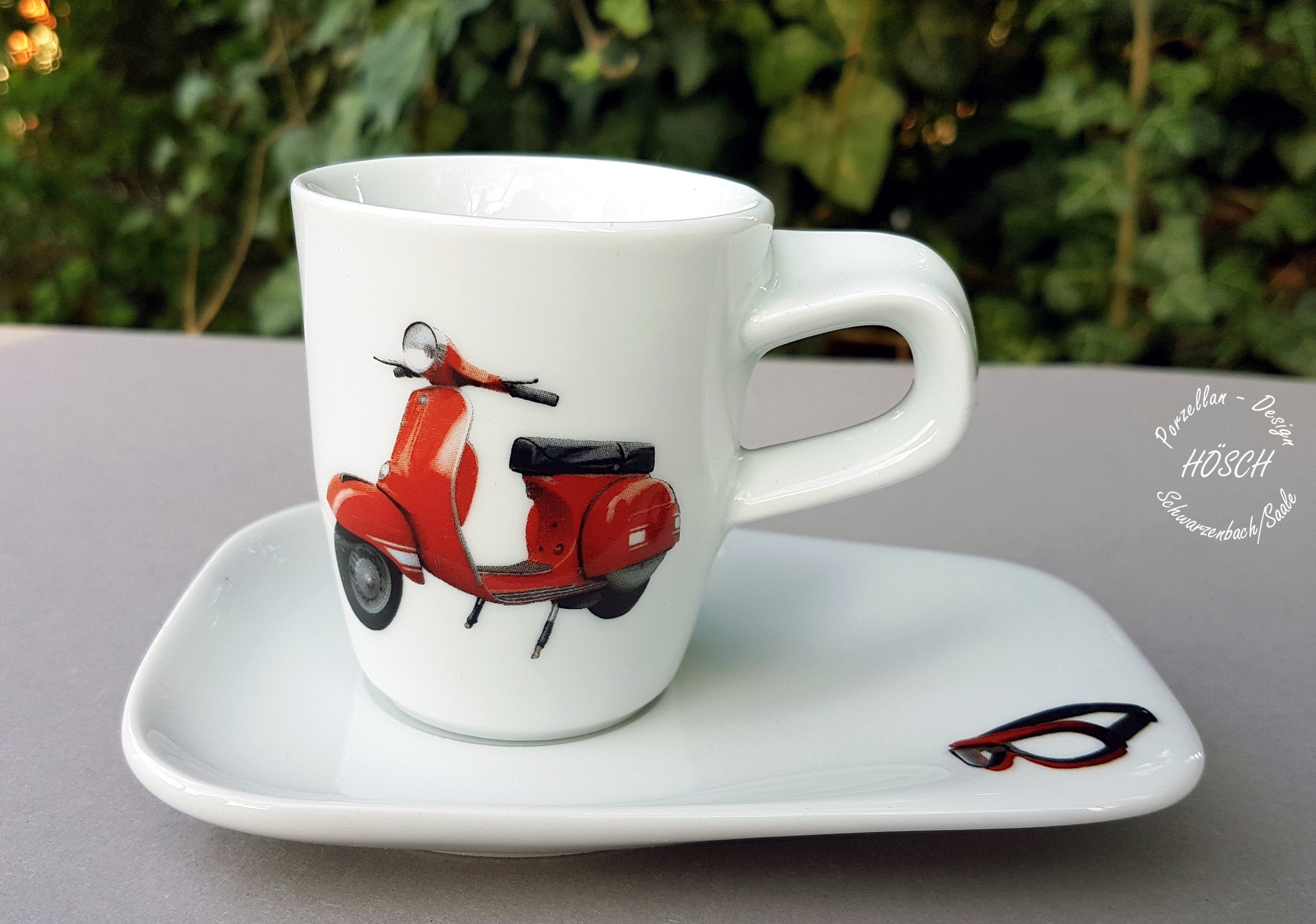 Espresso Tasse Roller ( 2.Wahl ) rot Set mit Unterteller Becher Geschenk Vater Geburtstag Hochzeit Porzellan