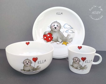 Kindergeschirr 3-teilig Porzellan Baby Robbe Meer Herz Frühstücksservice Set Becher Müsli Geburt Geburtstag Wunschname personalisiert