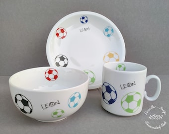 Kindergeschirr 3-teilig Porzellan Fußball bunt Bälle bunt Frühstücksservice Set Becher Müsli Baby Geburtstag Wunschname personalisiert