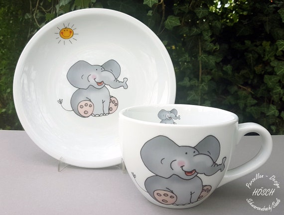 Frühstücksservice 2-teilig Porzellan Elefant Wunschname Set Baby Kinder XXL Becher Frühstücksteller personalisiert Tiere