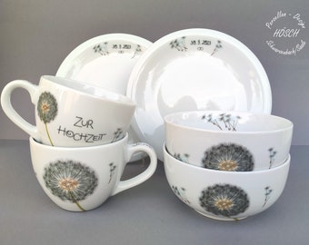 Hochzeit 2024 Porzellan Pusteblume Frühstücksservice Set Geschenk Brautpaar Wunschname auf Becher Originaldatum auf Teller personalisiert