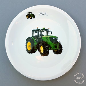 Ostern Kindergeschirr 3-teilig Traktor grün Wunschname Set Becher 0,22l 0,28l Breischale Taufe Erster Geburtstag Porzellan personalisiert Bild 2