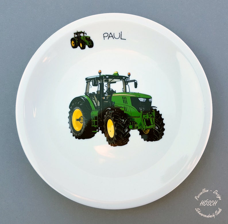 Ostern Kindergeschirr 3-teilig Traktor grün Wunschname Set Becher 0,22l 0,28l Breischale Taufe Erster Geburtstag Porzellan personalisiert Bild 2