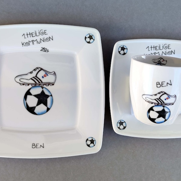 Kommunion 2024 3-teilig Porzellan Fußball Frühstücksservice Set Becher Teller Mädchen Junge Andenken Patentante personalisiertes Geschenk