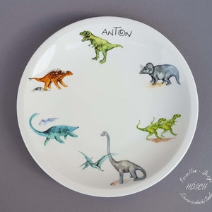 Kindergeschirr 2 5-teilig Dino Dinosaurier mit Wunschname Set Becher Müsli Brei Teller Geschenk Taufe persona Schulanfang Bild 3