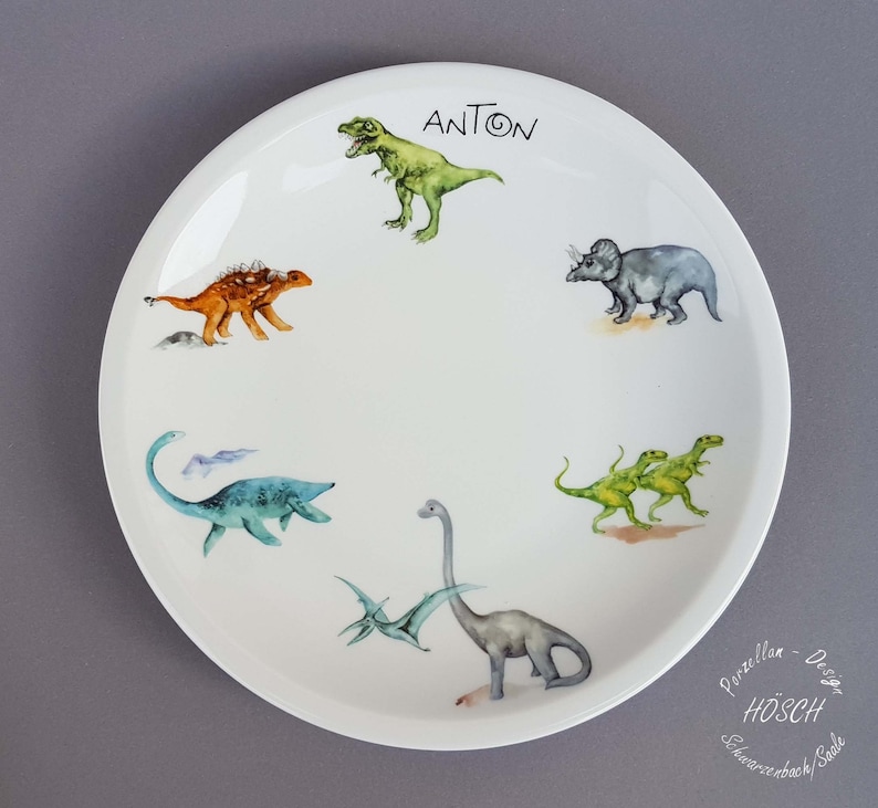 Kindergeschirr 2 5-teilig Dino Dinosaurier mit Wunschname Set Becher Müsli Brei Teller Geschenk Taufe persona Schulanfang 画像 3