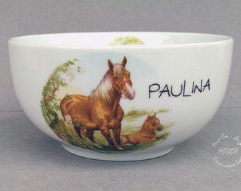 Cereal bowl horses pony desired name porcelain breakfast service baby birth birthday personalized gift animals