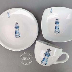 Breakfast service lighthouse blue 3-piece maritime gift XXL mug 0.4l 0.28l plate baptism baby personalized