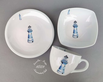 Frühstücksservice Leuchtturm Blau 3-teilig Maritimes Geschenk XXL Becher 0,4l 0,28l Teller Taufe Baby personalisiert