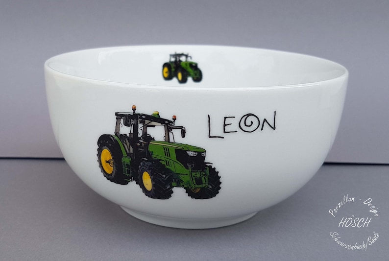 Müslischale Traktor grün Wunschname Porzellan Frühstücksservice Baby Geburt Geburtstag Geschenk personalisiert Schale mit Name