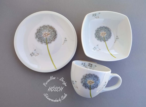 Hochzeit Frühstücksservice Set 3-tlg XXL Becher 0,4 l Suppenteller Speiseteller Porzellan personalisiert Pusteblume Geschenk