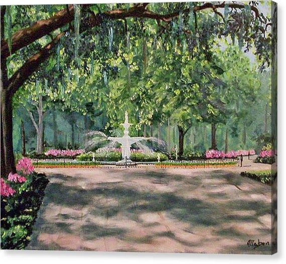 Forsyth Park Savannah Georgia Canvas Print, Azaleas and Fountain Art