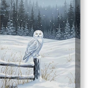 May include: A snowy owl perched on a wooden fence post in a winter landscape painting. The owl has white feathers with black markings and yellow eyes. The background features a snowy field, evergreen trees, and a light snowfall.