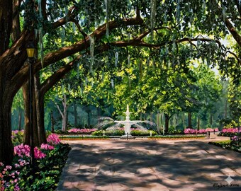 Digital Oil Painting of Forsyth Park in Savannah, Georgia in the spring landscape.