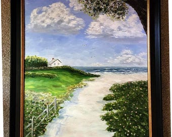 Dipinto a olio originale Coastal Cape Cottage, paesaggio marino soleggiato - Tela incorniciata 24x18