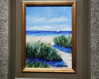 Original small oil painting coastal beach framed.
