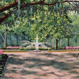 May include: An oil painting depicts a park scene with a white fountain as the focal point. Lush green trees and pink flowers frame the fountain, with a pathway leading towards it. The artwork is signed in the lower right corner.