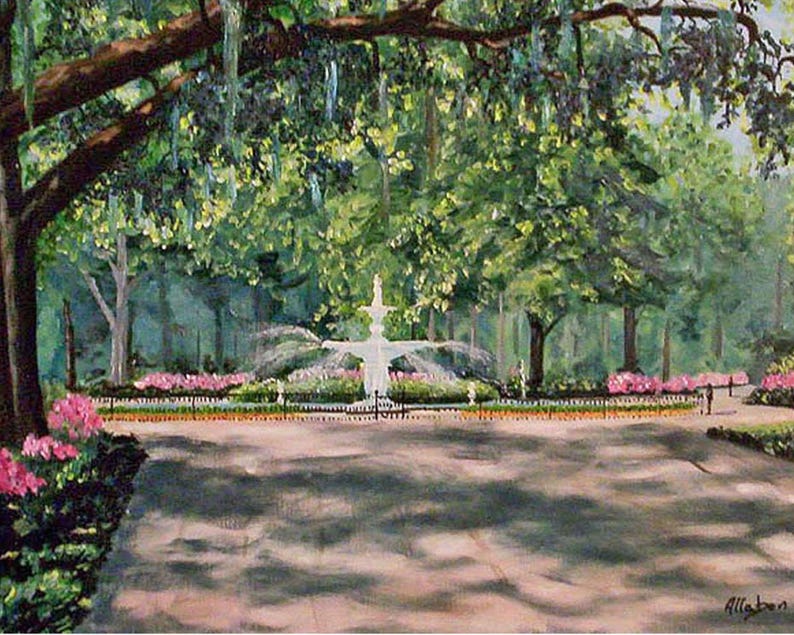 May include: An oil painting depicts a park scene with a white fountain as the focal point. Lush green trees and pink flowers frame the fountain, with a pathway leading towards it. The artwork is signed in the lower right corner.