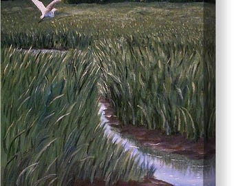 Coastal Lowcountry Egret Over Marsh Tidal Creek Canvas Print - Three Sizes