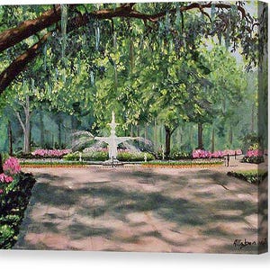 May include: An oil painting of a park scene featuring a white fountain with water spraying outwards. The fountain is surrounded by pink flowers and lush greenery. Large trees with hanging moss frame the scene.