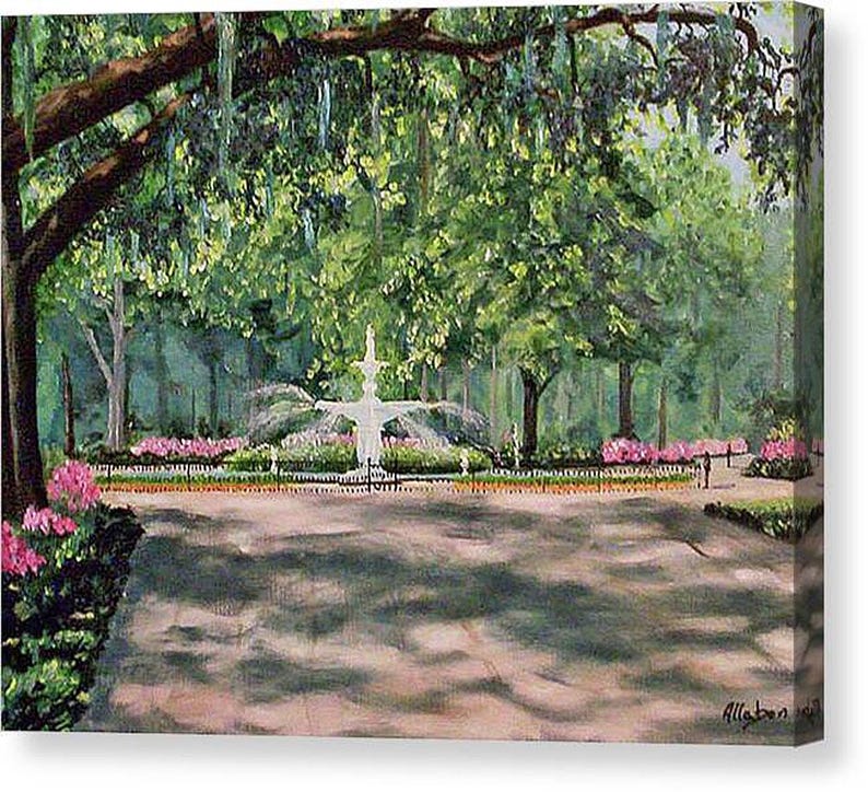 May include: An oil painting of a park scene featuring a white fountain with water spraying outwards. The fountain is surrounded by pink flowers and lush greenery. Large trees with hanging moss frame the scene.