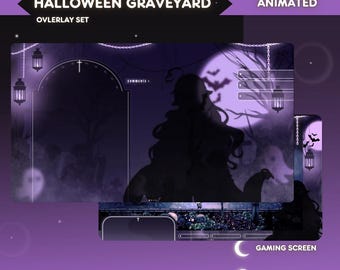 Op de afbeelding: Een digitale overlay-set voor streaming, met een Halloween-kerkhof-thema. Het ontwerp bevat een volle maan, vleermuizen en een silhouet van een persoon. De tekst "Halloween Graveyard" en "Animated" worden weergegeven. Inclusief een gamingscherm en een chatscherm.