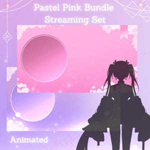 Puede incluir: Conjunto de superposición de streaming animado rosa pastel con una silueta de una niña con coletas. La superposición presenta un fondo rosa con flores blancas y un círculo para una webcam.
