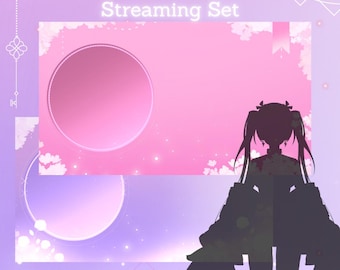 May include: Pastel pink animated streaming overlay set with a silhouette of a girl with pigtails. The overlay features a pink background with white flowers and a circle for a webcam.